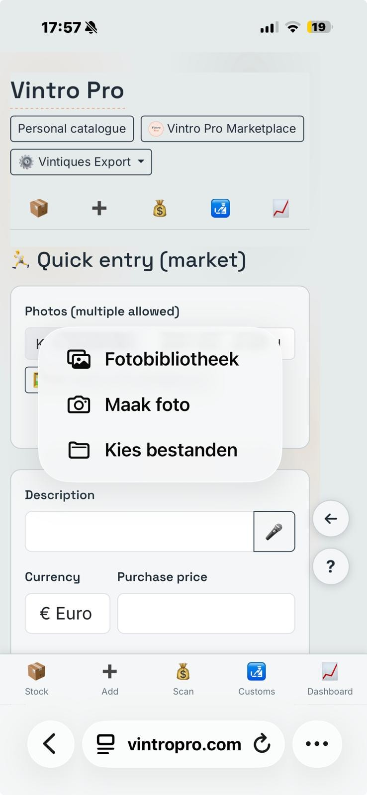 Vintro Pro op een telefoon: het scherm Snelle invoer, met de keuze om meteen een foto te nemen.